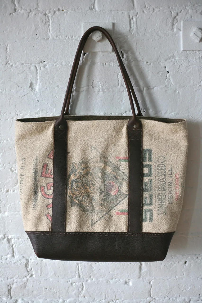 1940's era Grain Sack and Leather Carryall