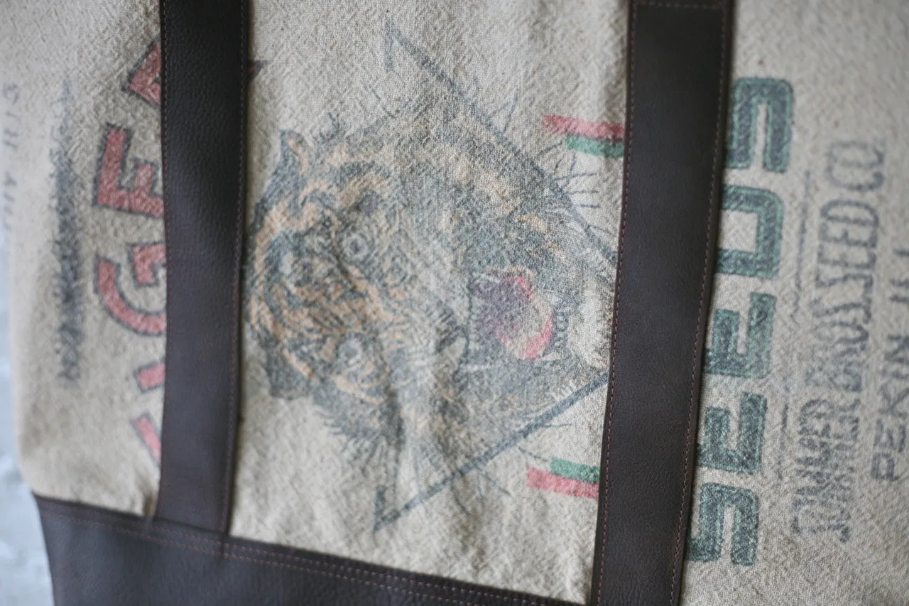 1940's era Grain Sack and Leather Carryall
