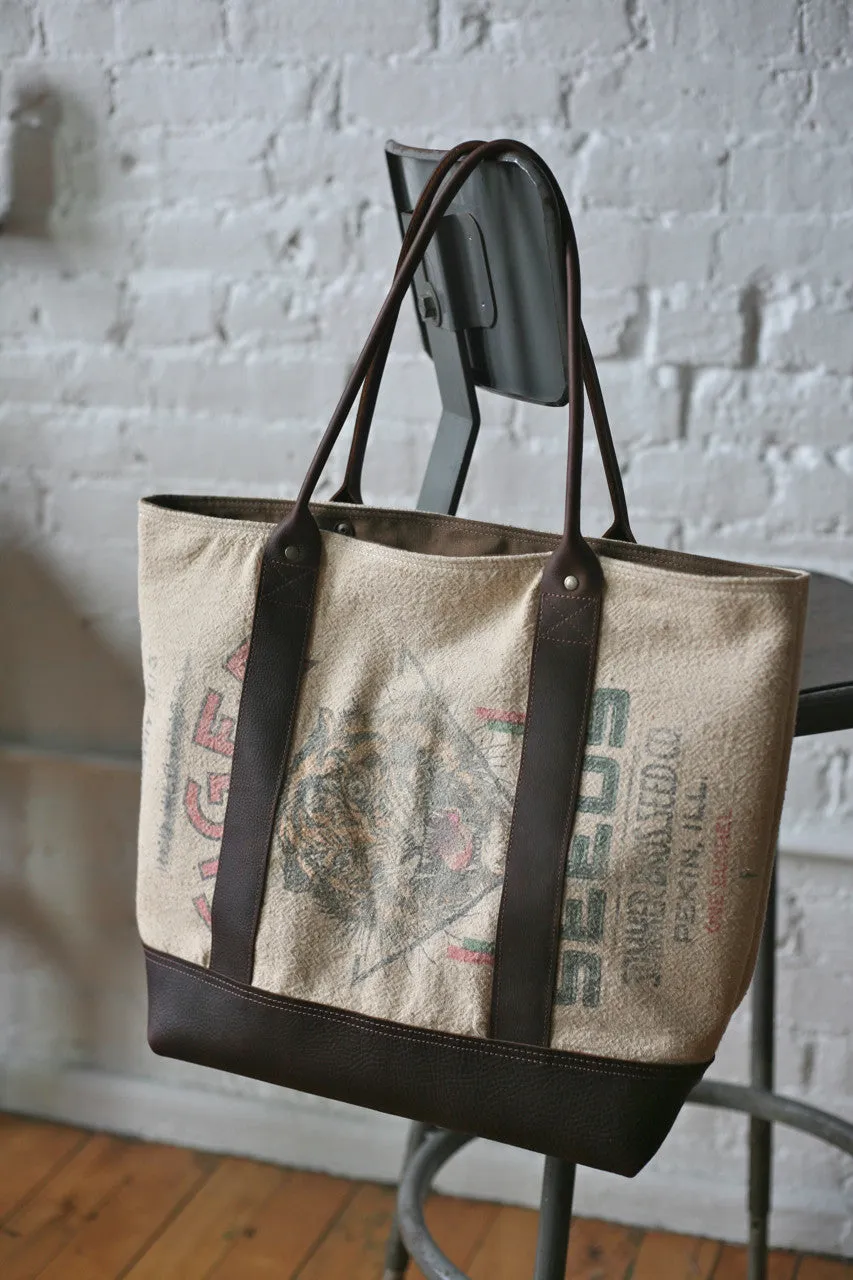 1940's era Grain Sack and Leather Carryall