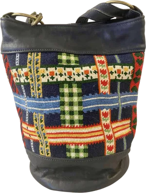 70’s Boho Navy Leather and Knit Bucket Bag