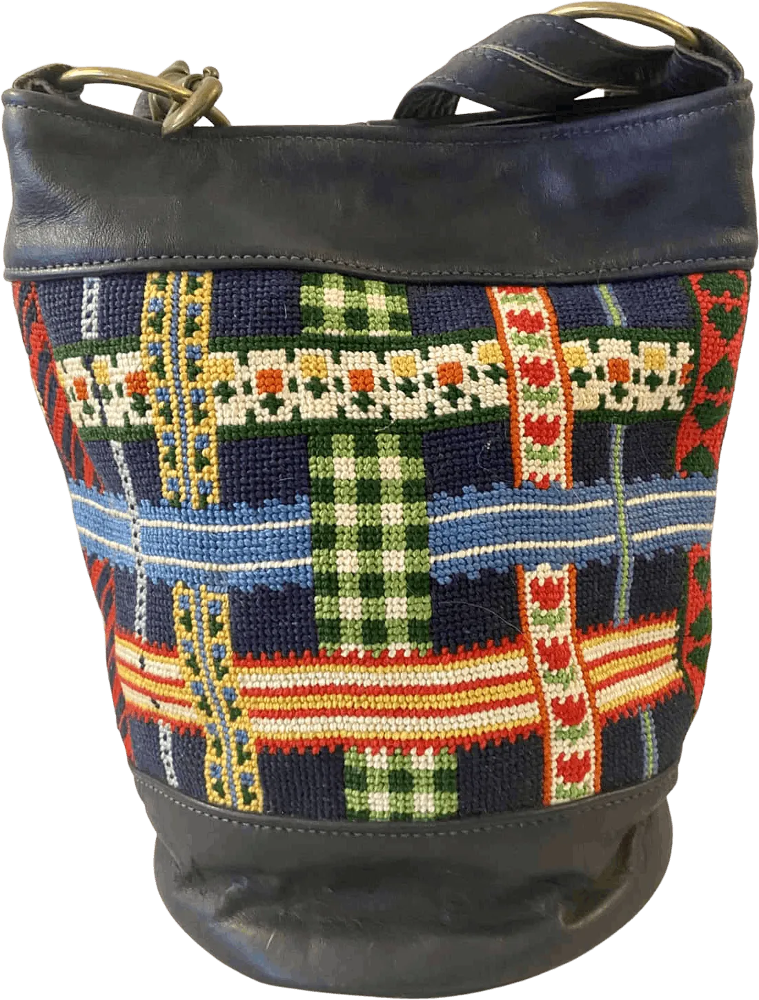 70’s Boho Navy Leather and Knit Bucket Bag