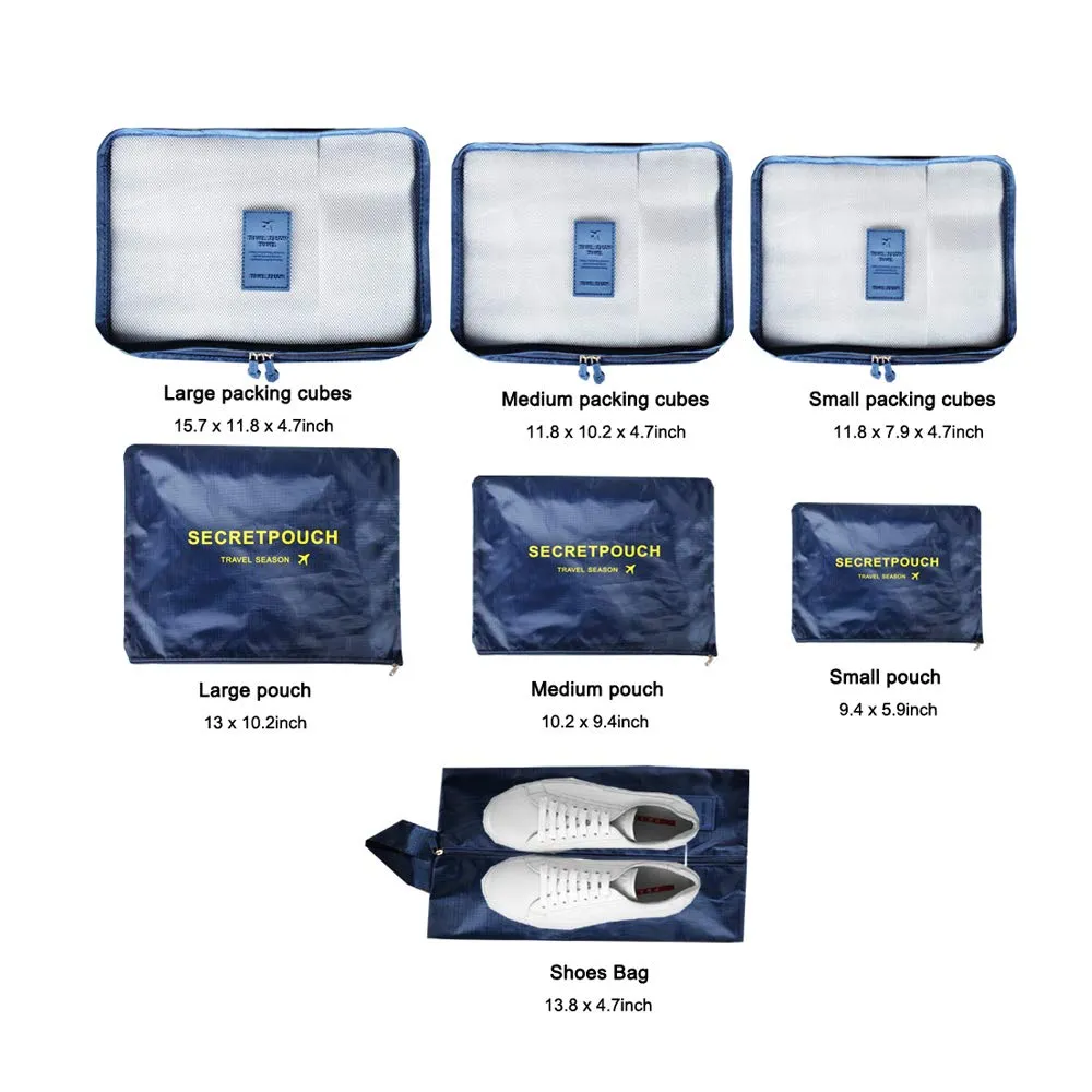 7PCS Travel Packing Cubes for Suitcases, TOYESS Waterproof Nylon Luggage Organiser Storage Bags Value Set for Backpack, Navy Blue 7pcs-navy Blue