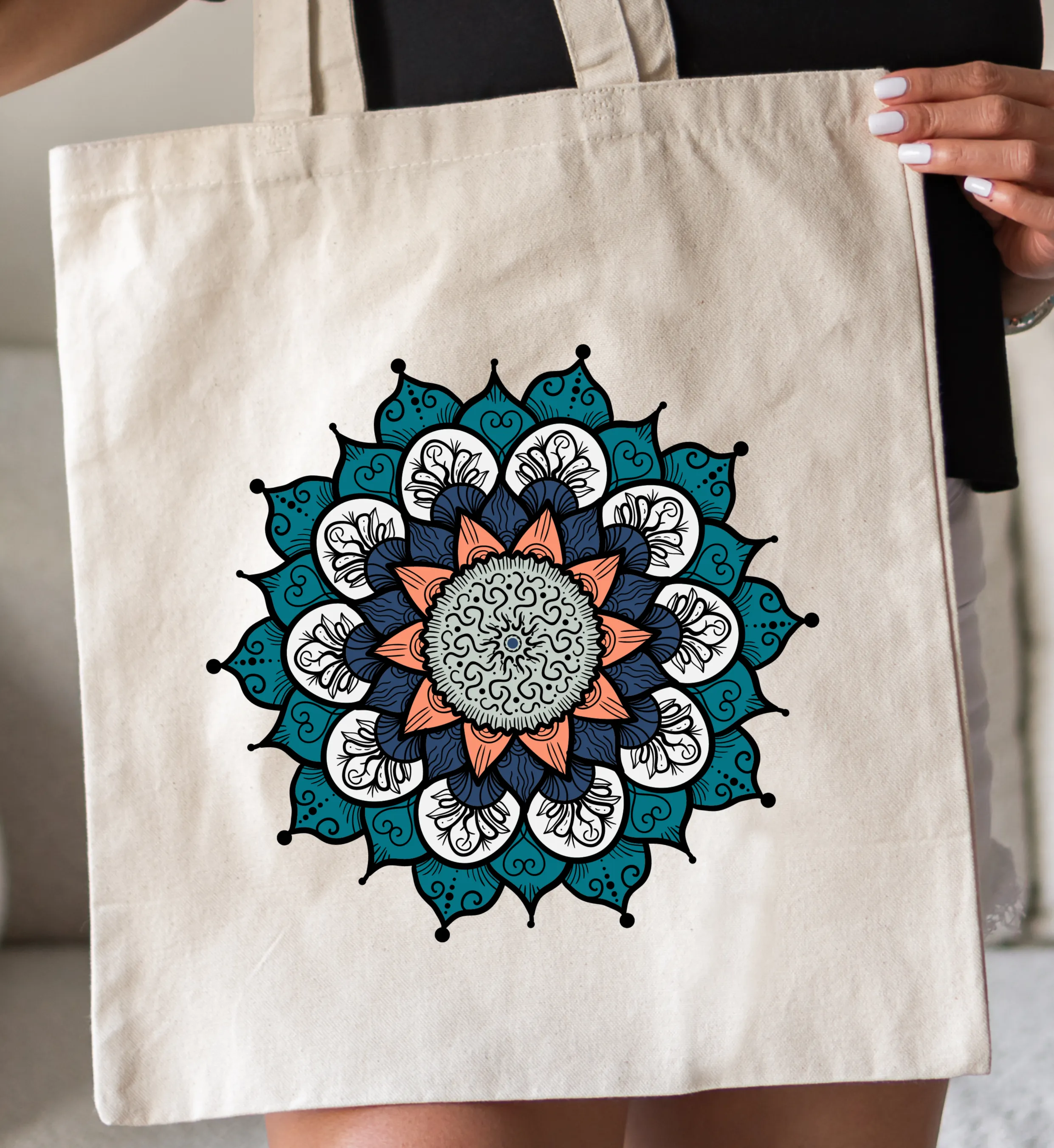 Aqua Tree Mandala Canvas Tote Bag