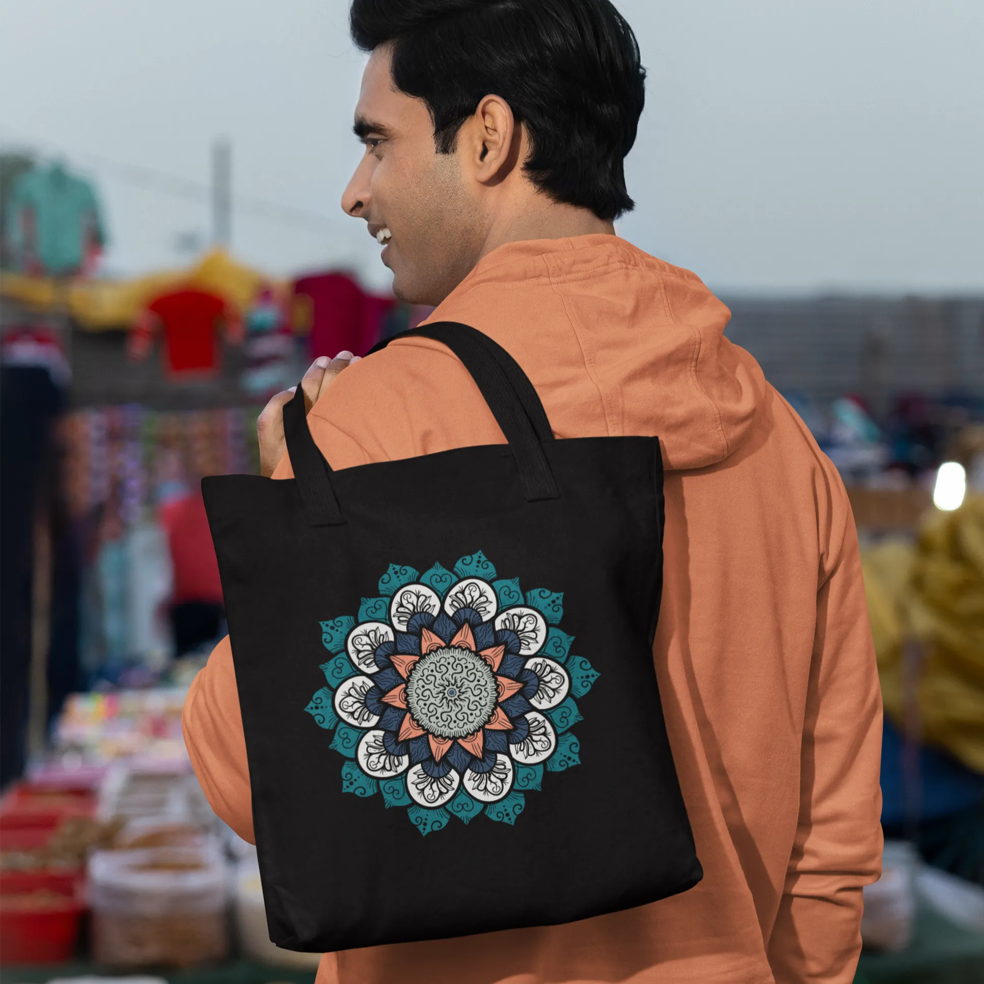 Aqua Tree Mandala Canvas Tote Bag