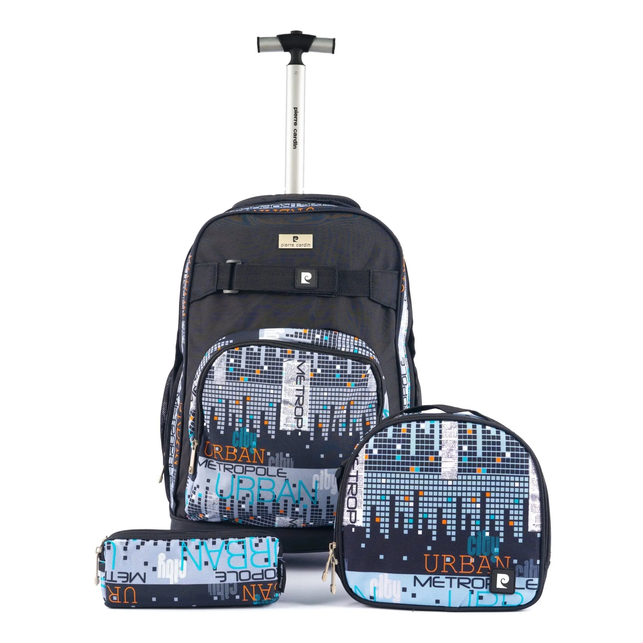 Backpack Trolley with Lunch Bag   Pencil Case black with White Polka Dots