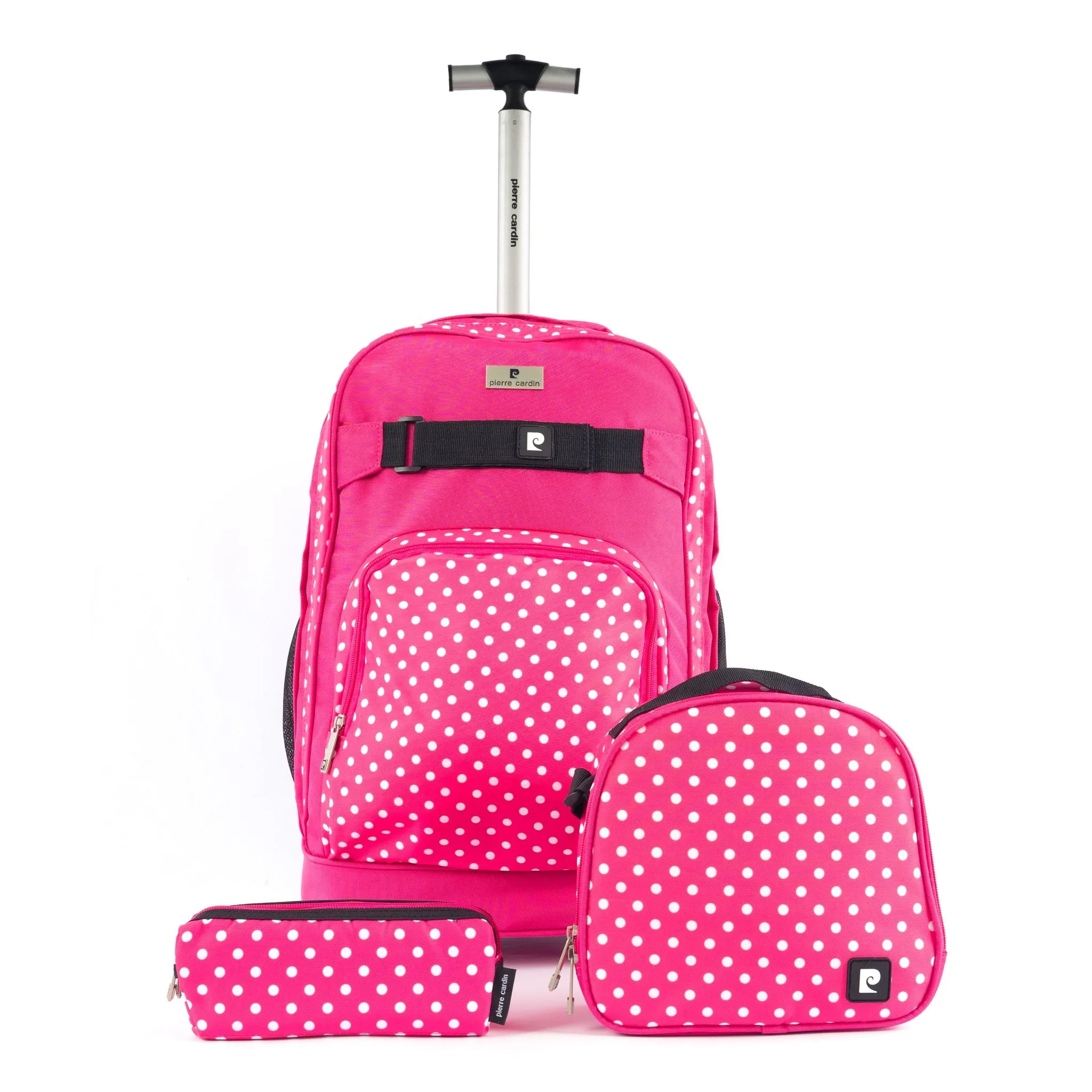 Backpack Trolley with Lunch Bag   Pencil Case black with White Polka Dots