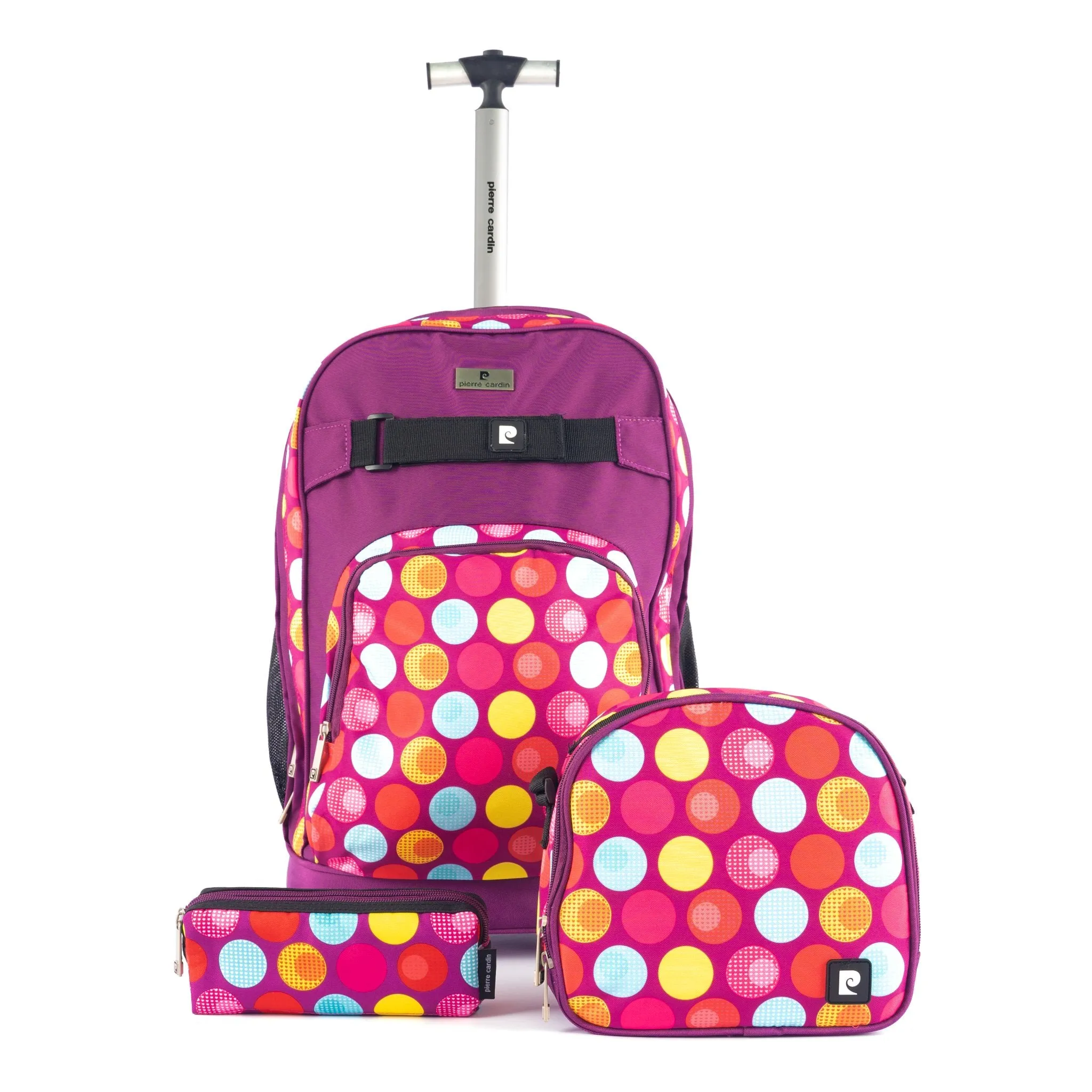 Backpack Trolley with Lunch Bag   Pencil Case black with White Polka Dots