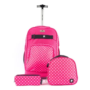 Backpack Trolley with Lunch Bag   Pencil Case black with White Polka Dots