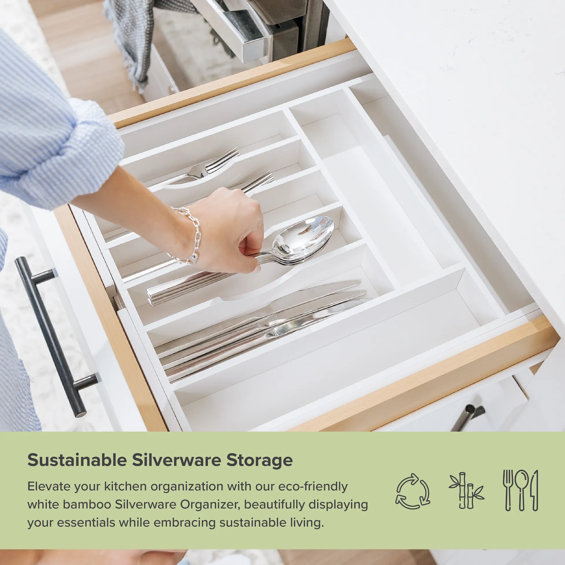 Bamboo Drawer Organizer for Silverware & Utensils White Finish (Expands 14.75-25in)