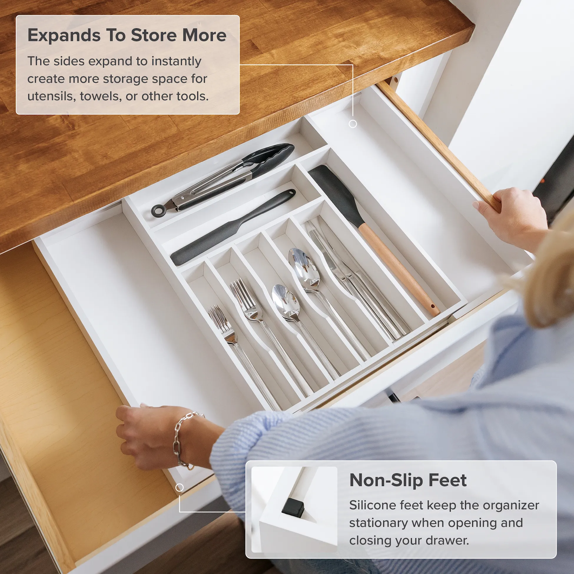 Bamboo Drawer Organizer for Silverware & Utensils White Finish (Expands 14.75-25in)