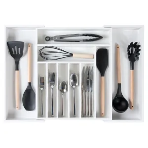 Bamboo Drawer Organizer for Silverware & Utensils White Finish (Expands 14.75-25in)