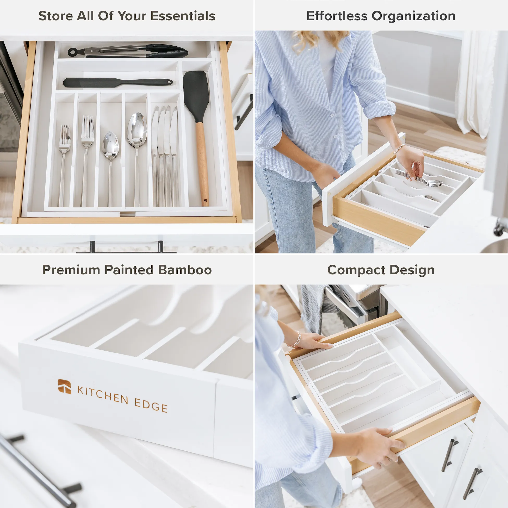 Bamboo Drawer Organizer for Silverware & Utensils White Finish (Expands 14.75-25in)