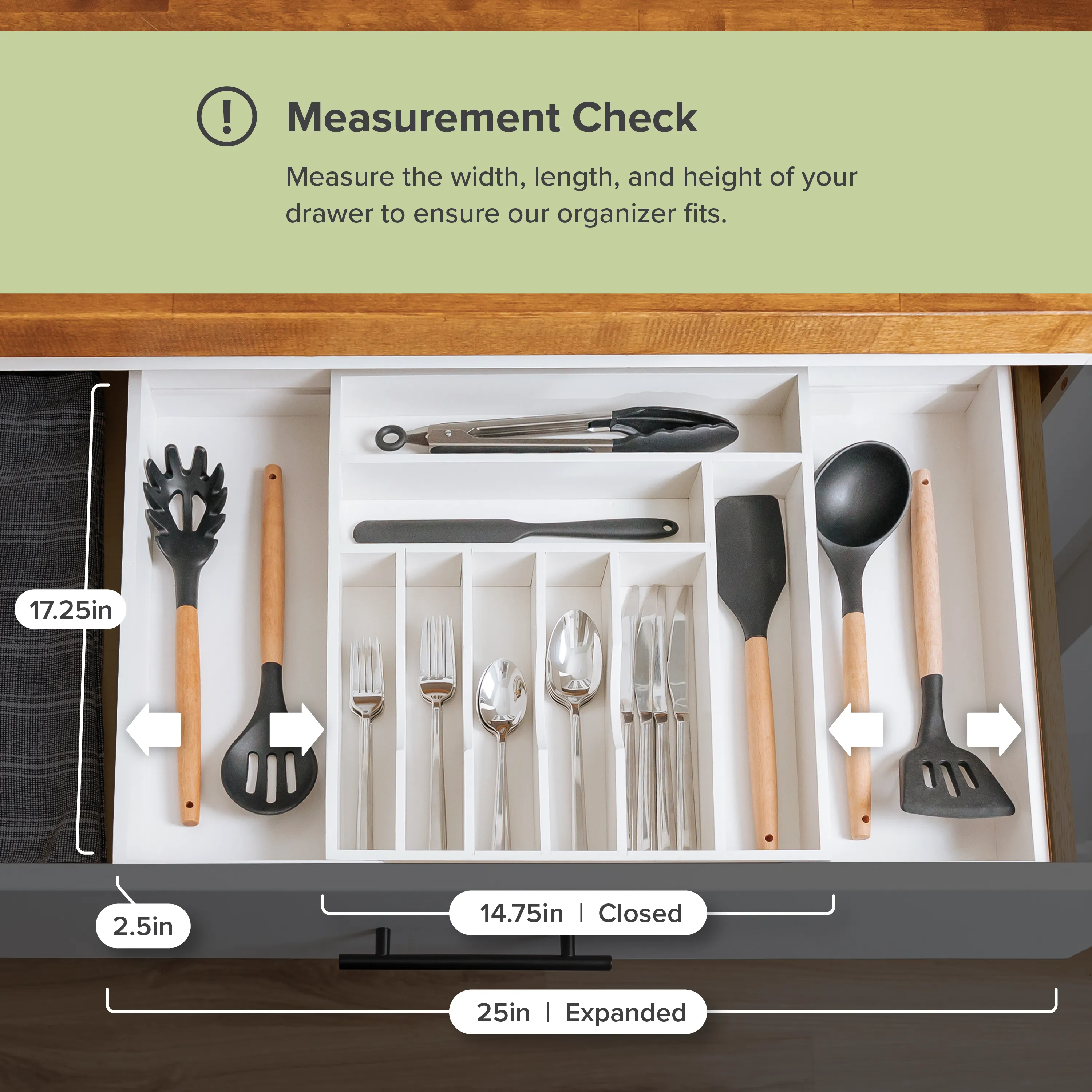 Bamboo Drawer Organizer for Silverware & Utensils White Finish (Expands 14.75-25in)