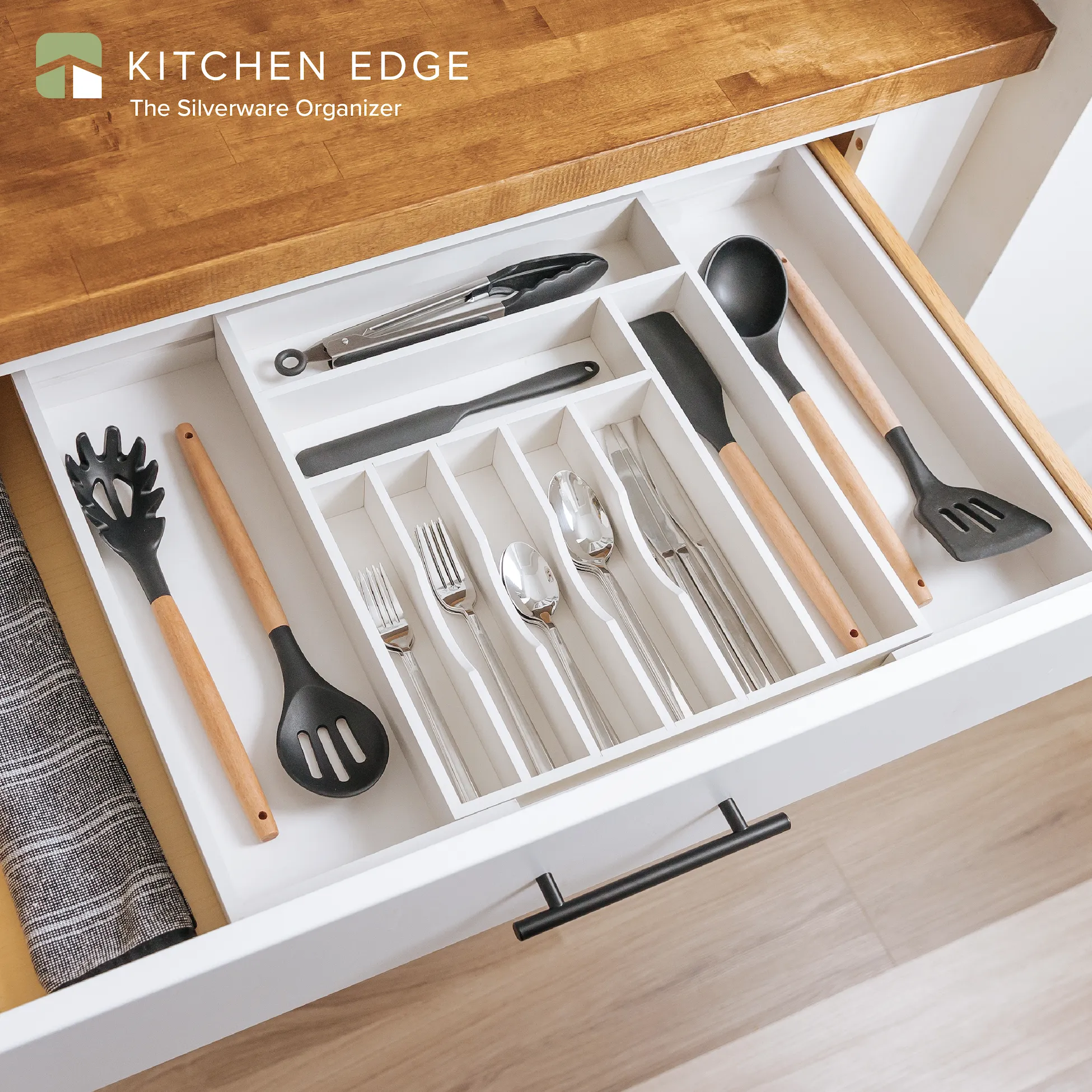 Bamboo Drawer Organizer for Silverware & Utensils White Finish (Expands 14.75-25in)