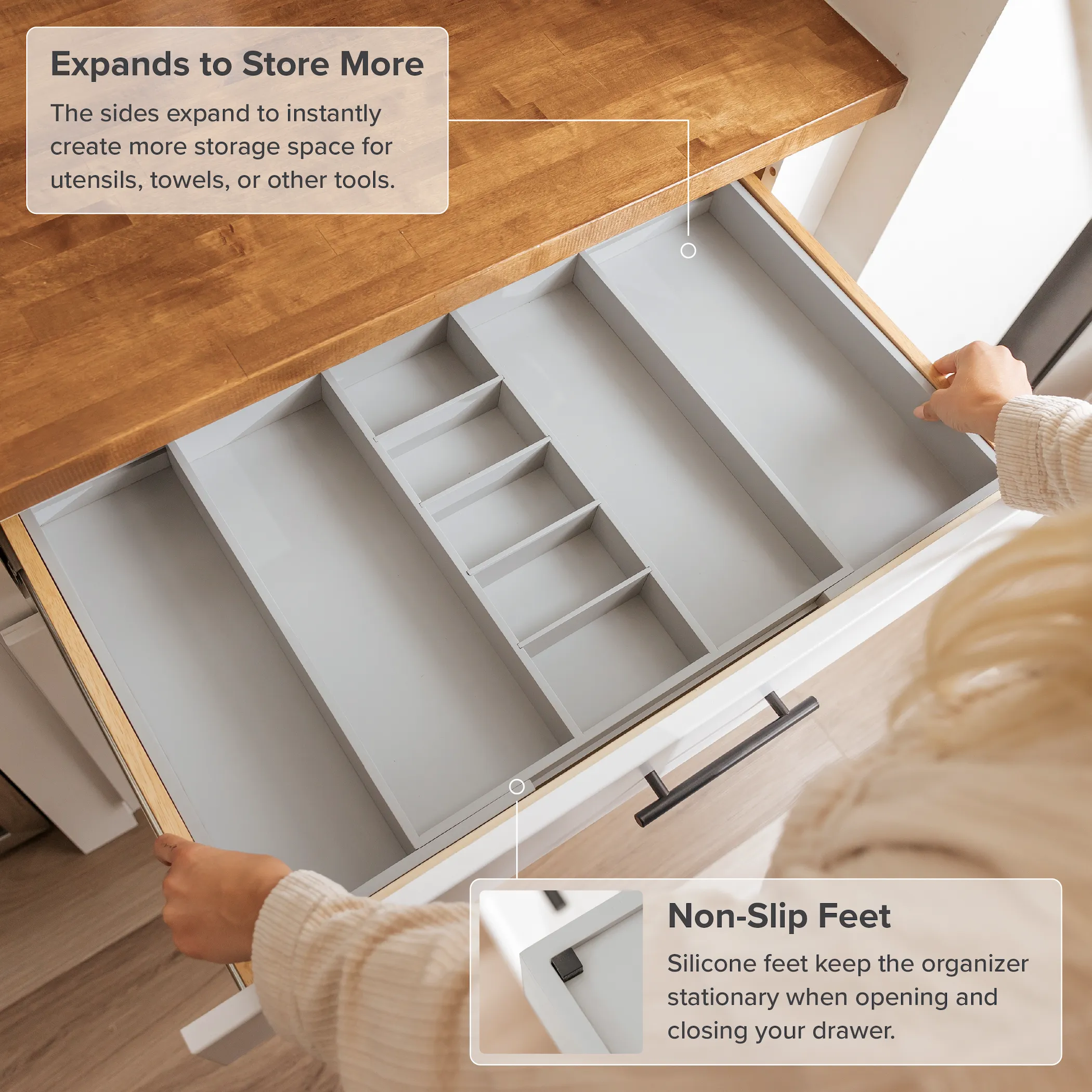 Bamboo Utensils & Junk Drawer Organizer - Gray Finish (Expands 18.5-33in)