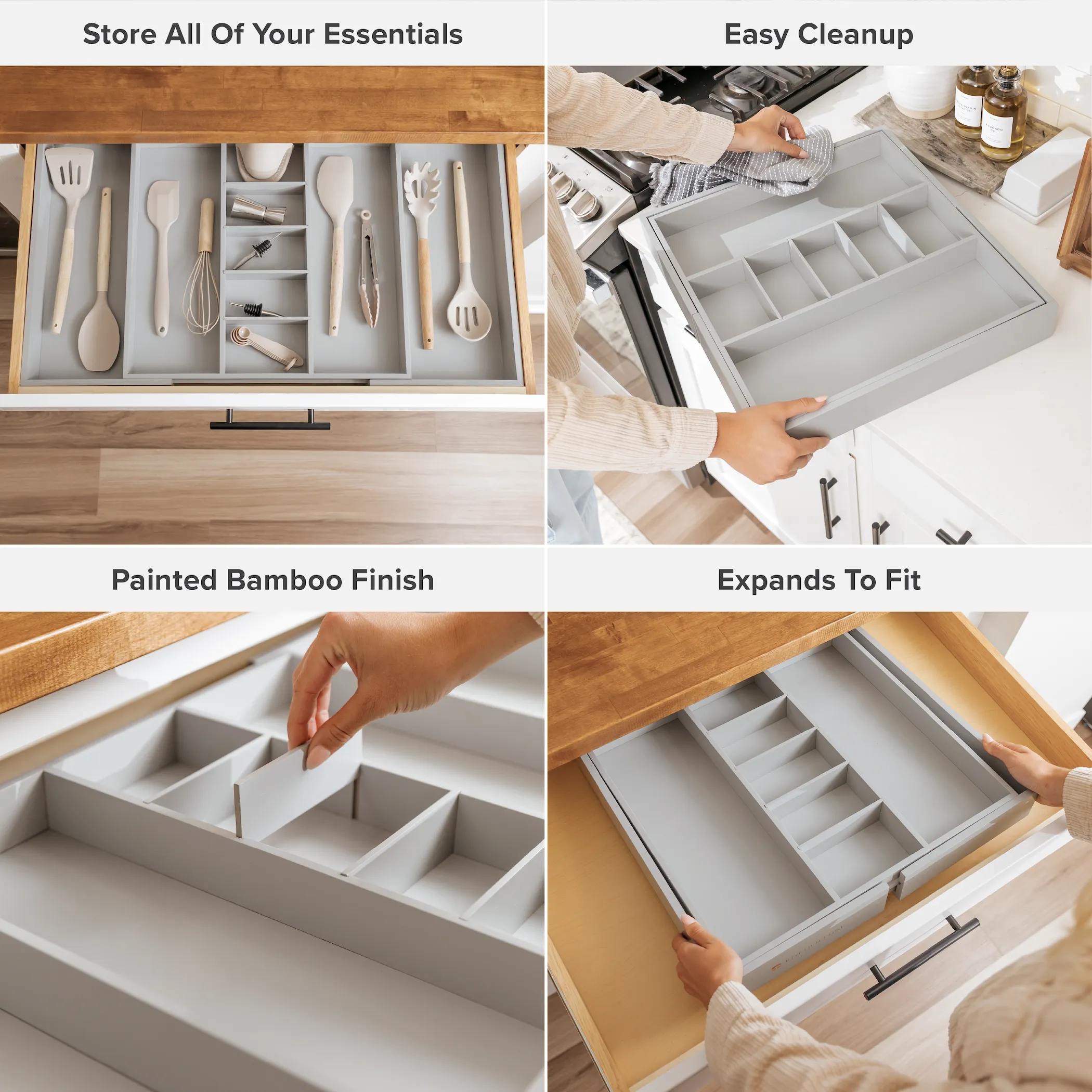 Bamboo Utensils & Junk Drawer Organizer - Gray Finish (Expands 18.5-33in)