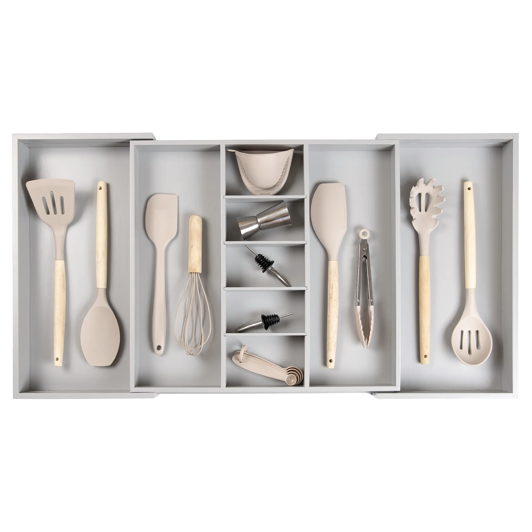 Bamboo Utensils & Junk Drawer Organizer - Gray Finish (Expands 18.5-33in)