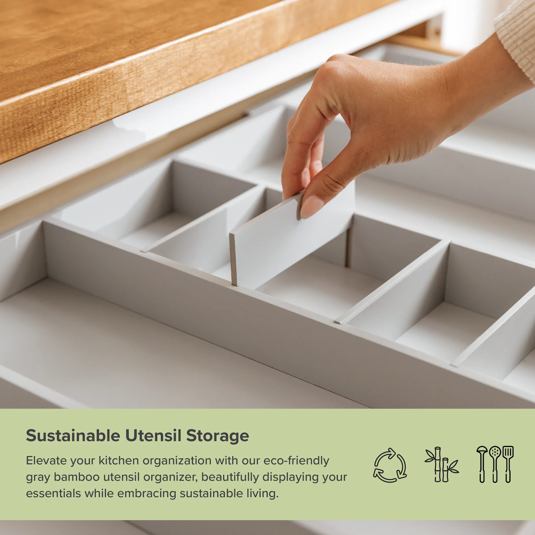 Bamboo Utensils & Junk Drawer Organizer - Gray Finish (Expands 18.5-33in)