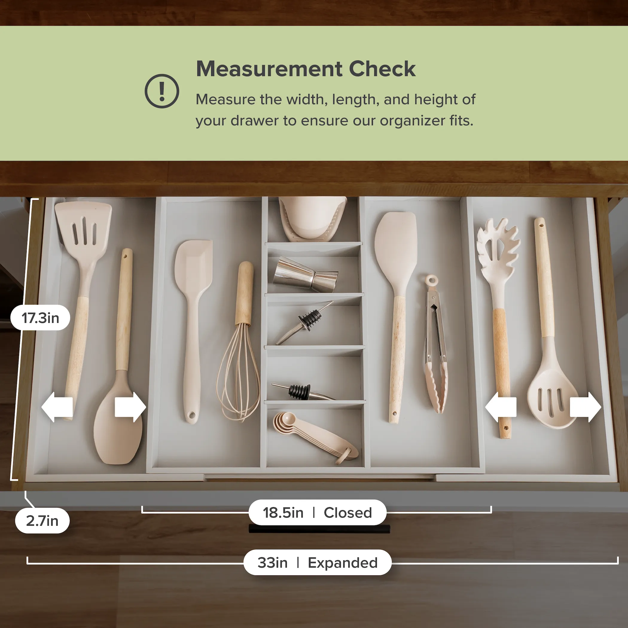 Bamboo Utensils & Junk Drawer Organizer - Gray Finish (Expands 18.5-33in)