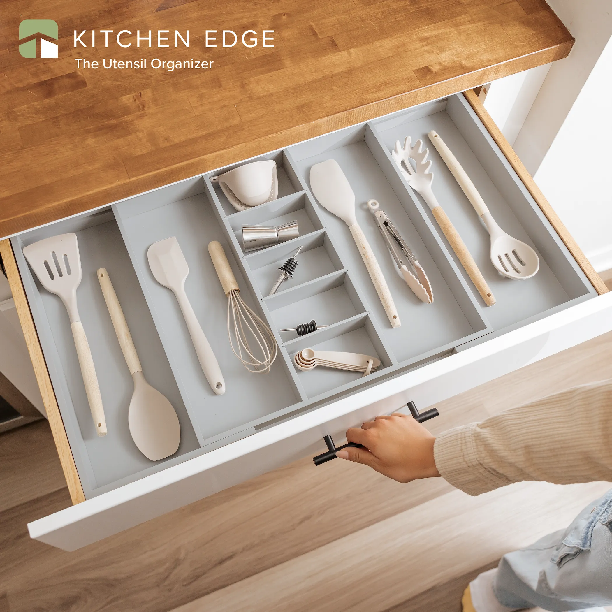 Bamboo Utensils & Junk Drawer Organizer - Gray Finish (Expands 18.5-33in)