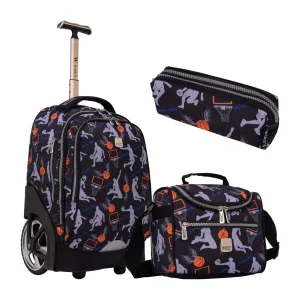 Basketball Big Wheel School Bag Trolley Set of 3 (Lunch Bag & Pencil Case)