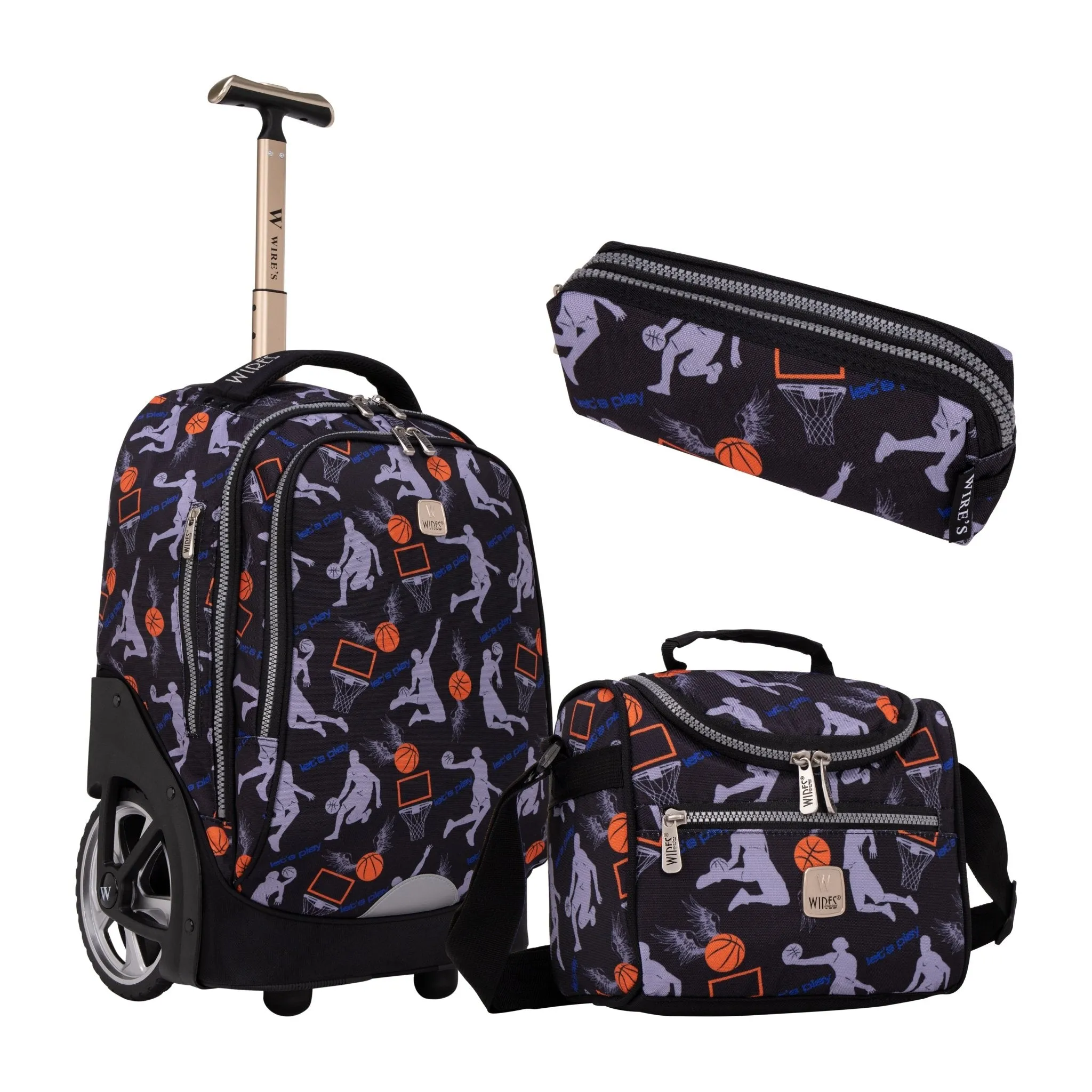 Basketball Big Wheel School Bag Trolley Set of 3 (Lunch Bag & Pencil Case)