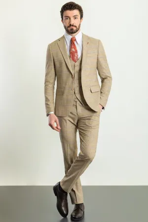 Beige Slim Fit Notch Lapel 3 Piece Plaid Suit for Men | GentWith