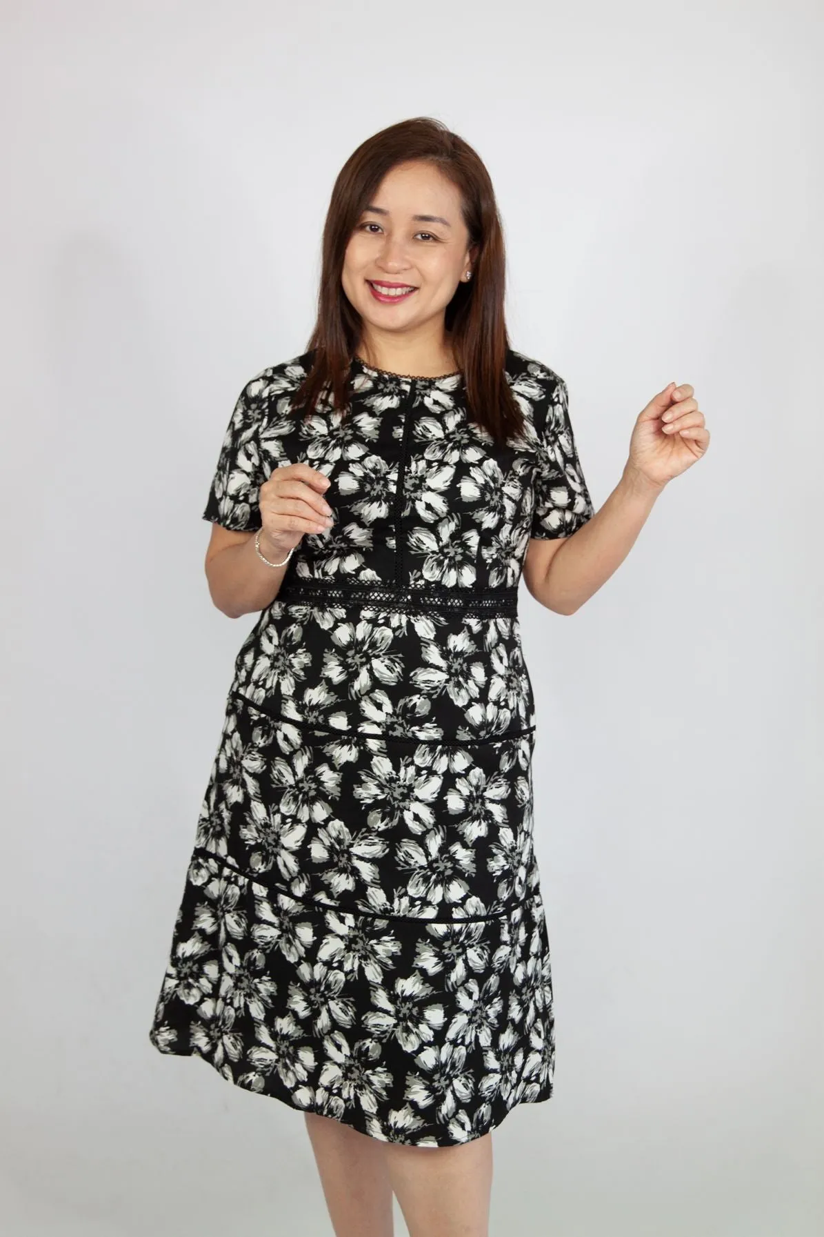 Black and White Rose Dress with Belt