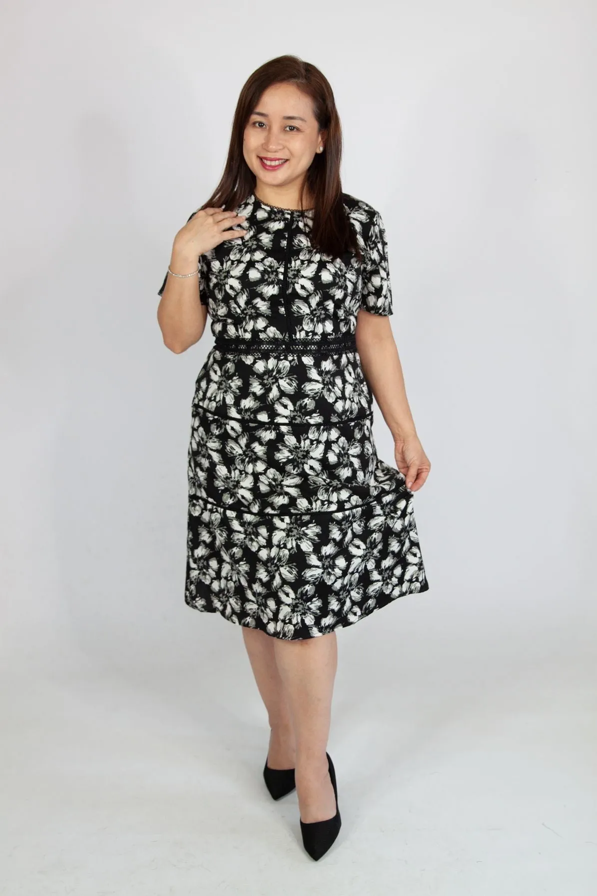 Black and White Rose Dress with Belt