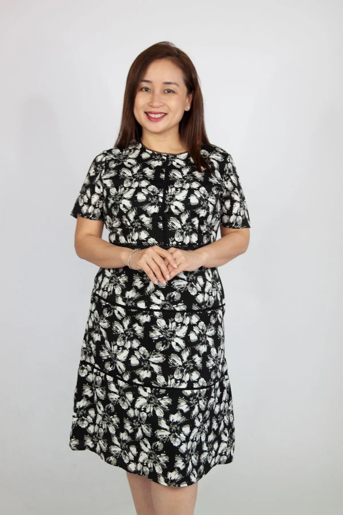Black and White Rose Dress with Belt