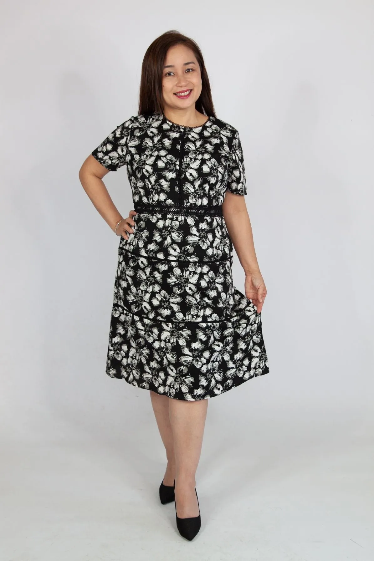 Black and White Rose Dress with Belt