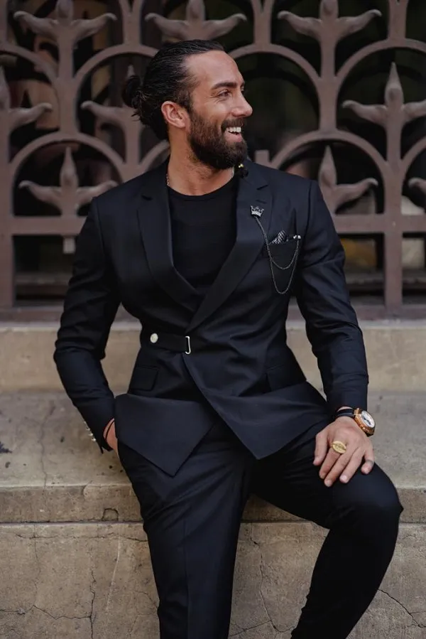 Black Slim Fit Groom Wedding Buckle Up Suit for men by GentWith