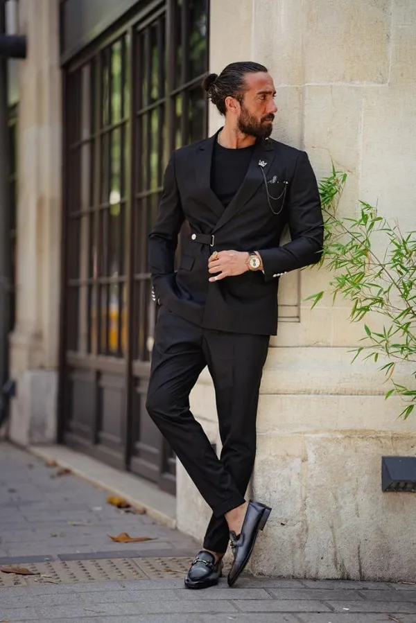 Black Slim Fit Groom Wedding Buckle Up Suit for men by GentWith