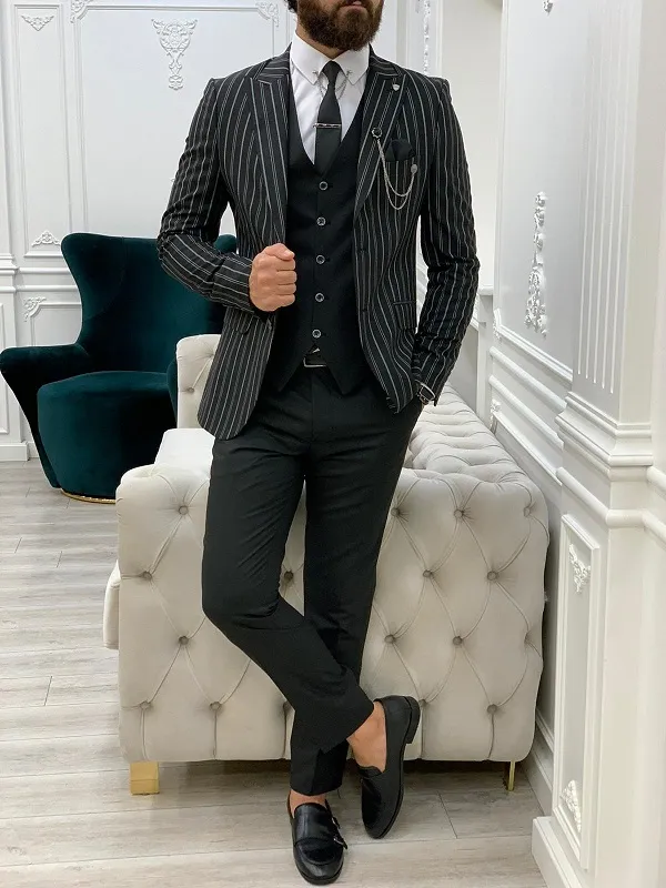 Black Slim Fit Peak Lapel Striped Suit by GentWith | Worldwide Shipping