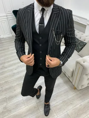 Black Slim Fit Peak Lapel Striped Suit by GentWith | Worldwide Shipping