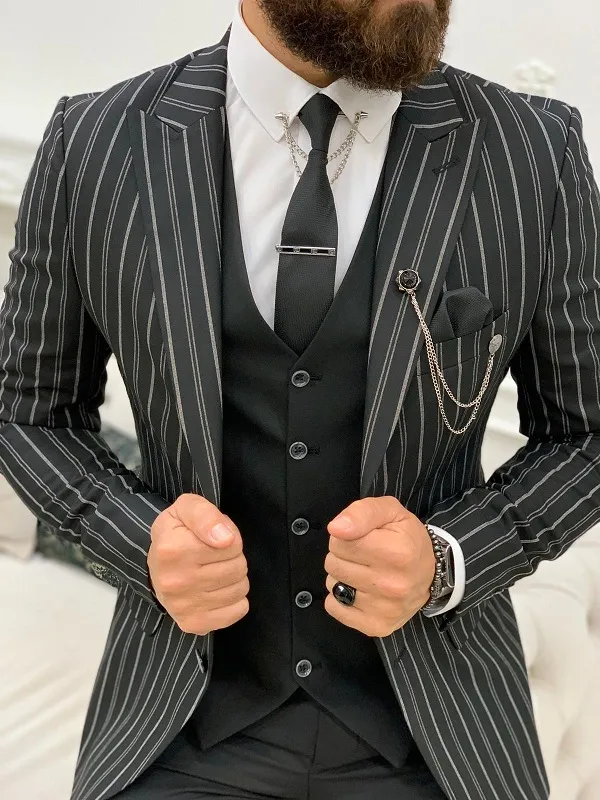 Black Slim Fit Peak Lapel Striped Suit by GentWith | Worldwide Shipping