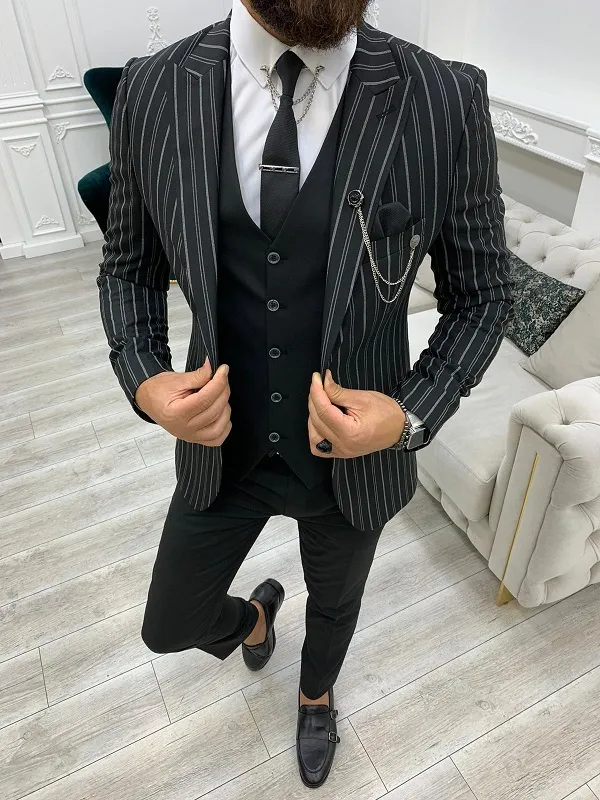Black Slim Fit Peak Lapel Striped Suit by GentWith | Worldwide Shipping