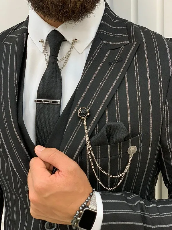 Black Slim Fit Peak Lapel Striped Suit by GentWith | Worldwide Shipping