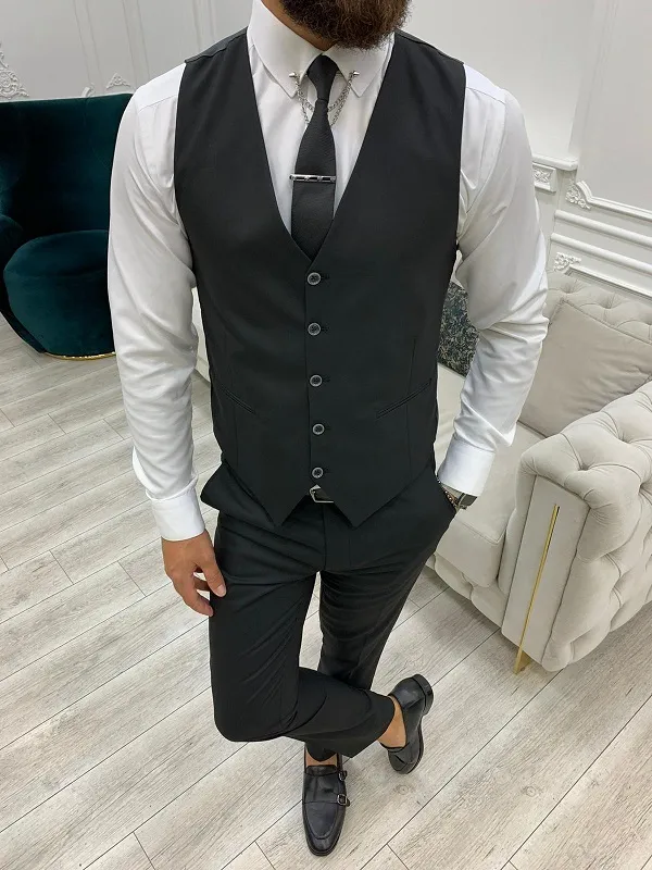 Black Slim Fit Peak Lapel Striped Suit by GentWith | Worldwide Shipping