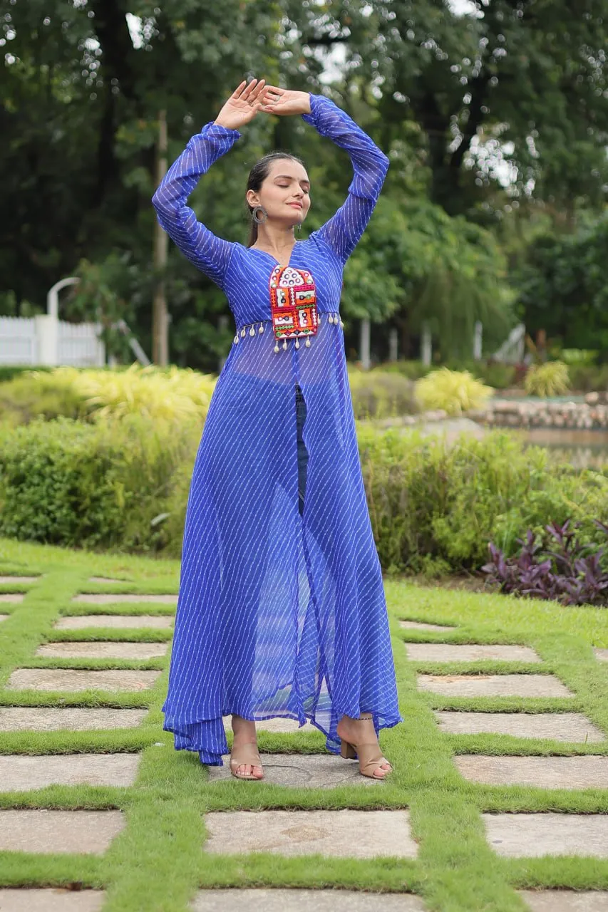 Blue Faux Georgette Leheriya Print Kurti with Kutchi Patchwork