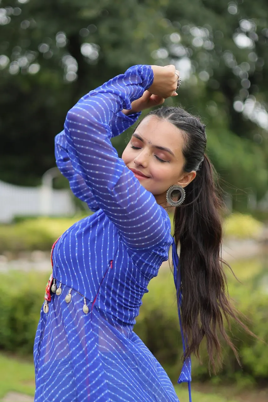 Blue Faux Georgette Leheriya Print Kurti with Kutchi Patchwork