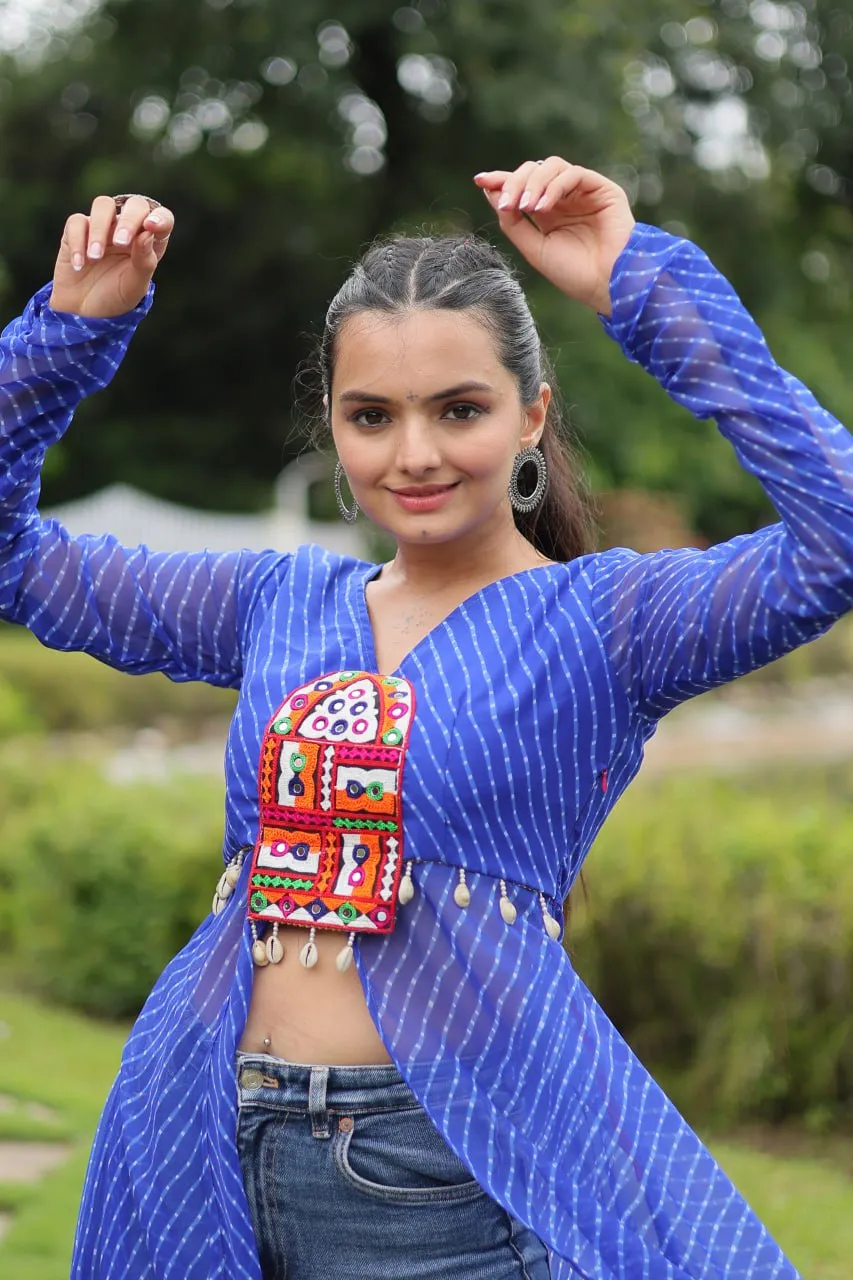 Blue Faux Georgette Leheriya Print Kurti with Kutchi Patchwork