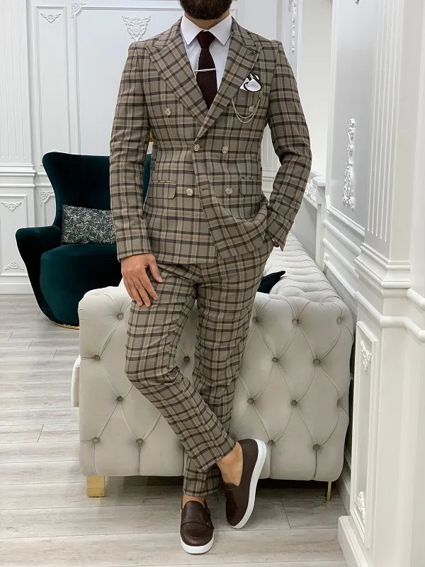 Brown Slim Fit Double Breasted Plaid Suit by GentWith.com
