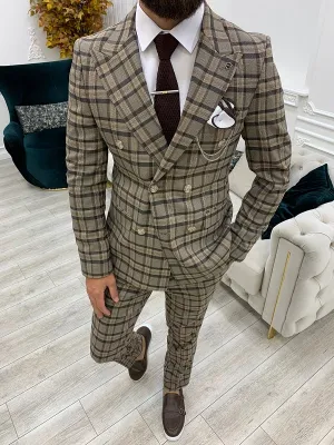 Brown Slim Fit Double Breasted Plaid Suit by GentWith.com
