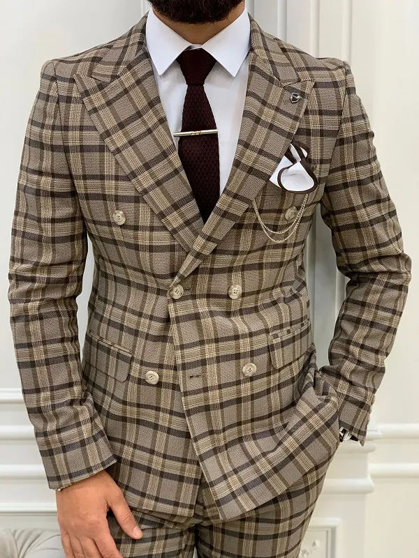 Brown Slim Fit Double Breasted Plaid Suit by GentWith.com