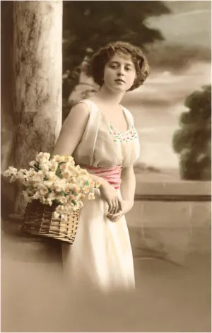 BW-04 Woman with Basket of Jonquils - Vintage Image