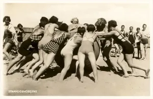 BW-37 Women on Beach Playing with Giant Beach Ball - Vintage Image