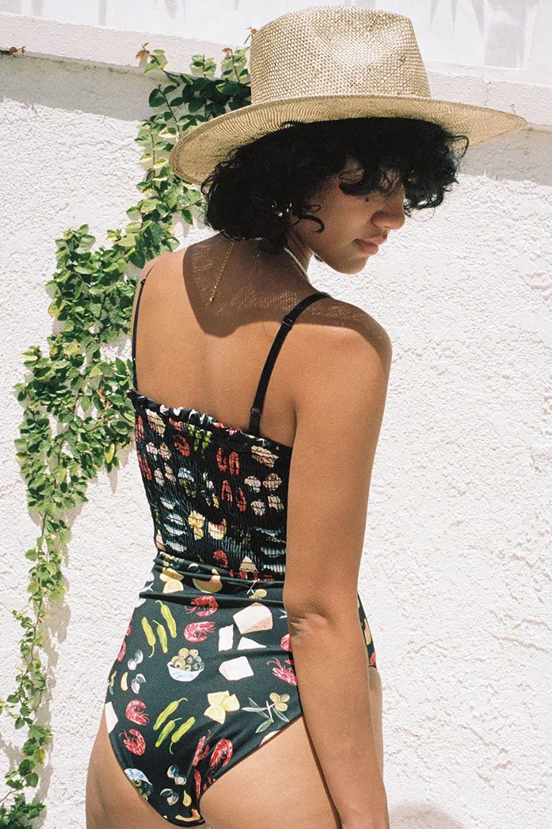 Cartoon Print Striking Strap Shirred Spaghetti Strap One Piece Swimwear