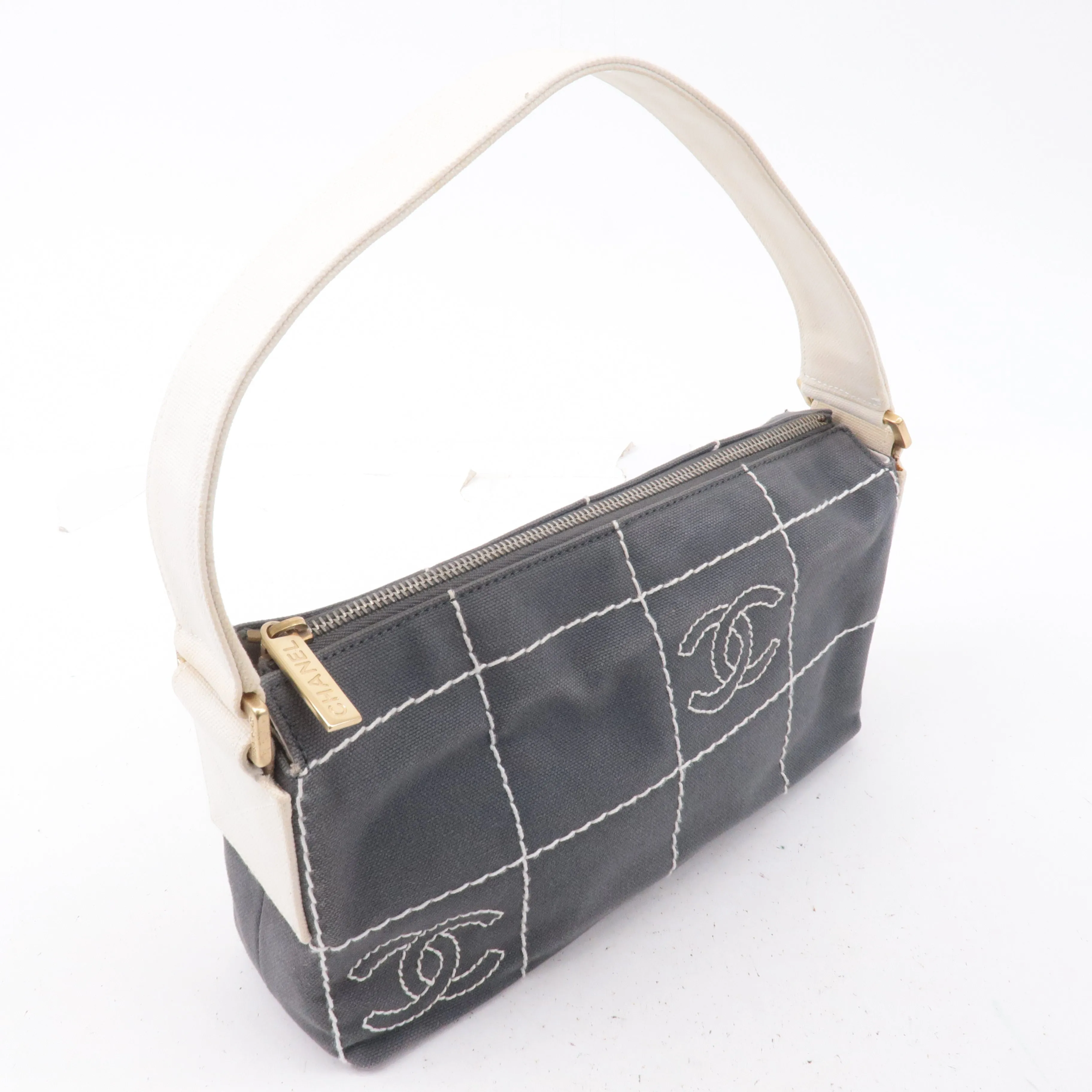 CHANEL Chocolate Bar Wild Stitch Canvas Hand Bag Gray