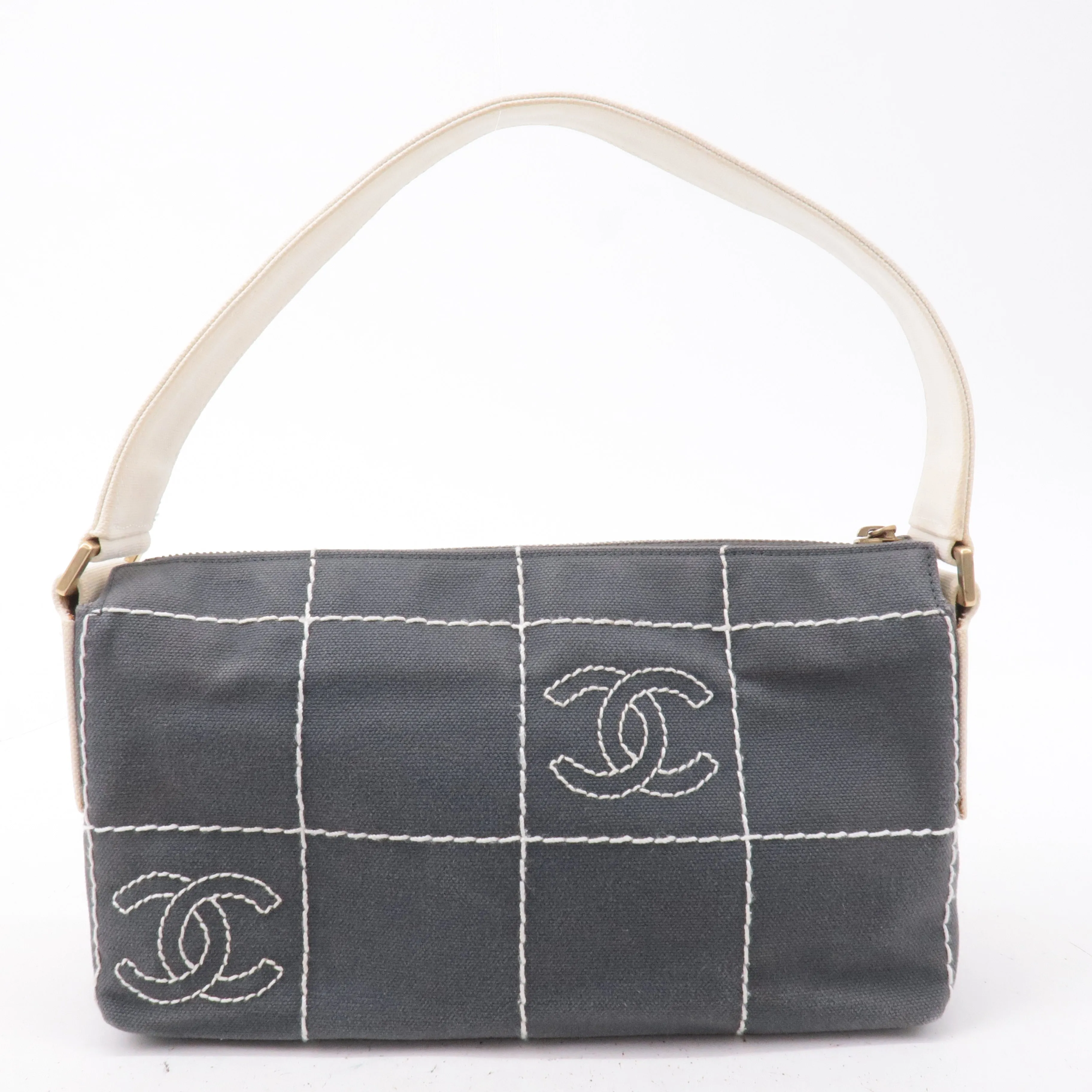 CHANEL Chocolate Bar Wild Stitch Canvas Hand Bag Gray